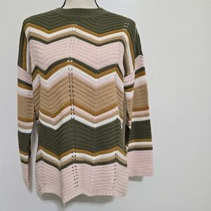 nwot FCT with love Chevron Colorblock Pointelle Pullover Knit Sweater Green Pink